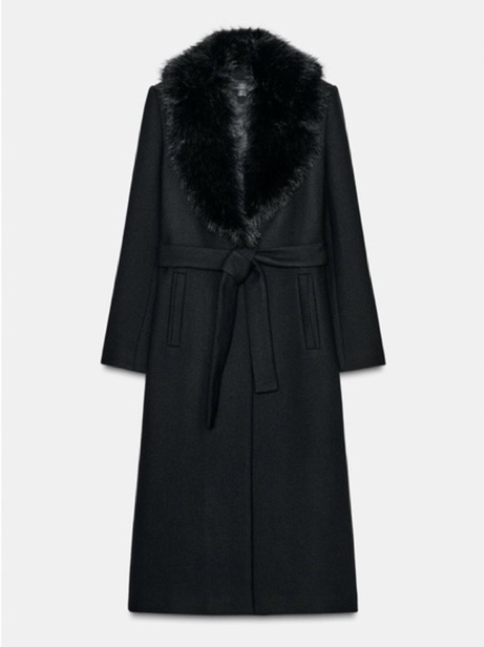 Zara Black Long Premium Wool Coat with Belt and Removable Faux-Fur Collar